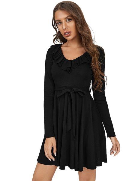 solid ruffle trim belted dress g0be#, Black;gray