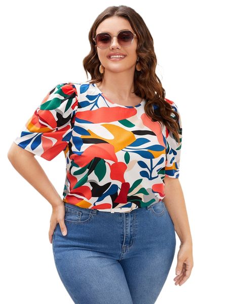 plus graphic print puff sleeve blouse 485d#, Black