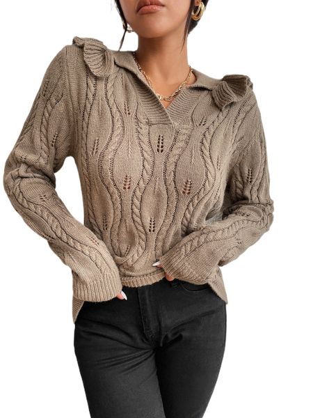 cable knit ruffle trim sweater f3yg#, White;black