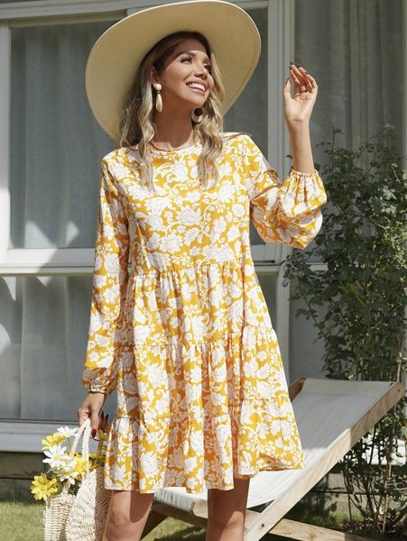 floral print lantern sleeve ruffle hem smock dress p6zy#, Black;gray
floral print lantern sleeve ruffle hem smock dress p6zy#, Black;gray