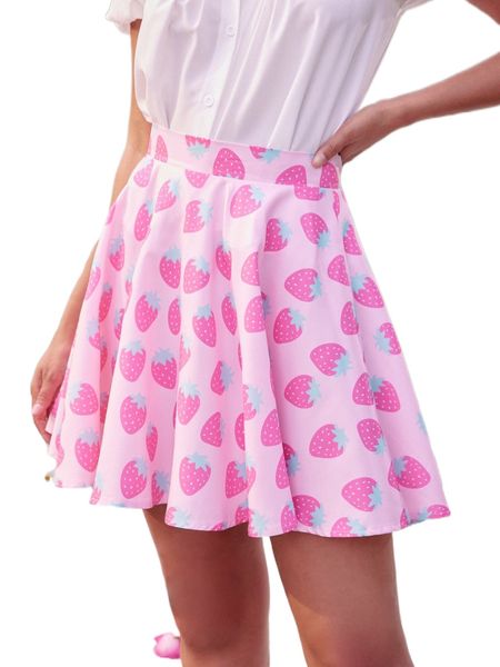 kawaii strawberry print skirt 87cj#, Black
