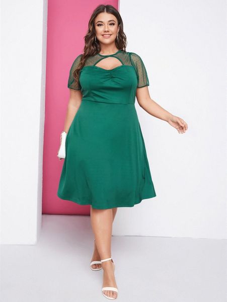 plus contrast dobby mesh cut out ruched dress a47v#, Black