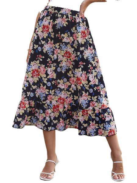 floral print high waist skirt k1uc#, Black 
floral print high waist skirt k1uc#, Black