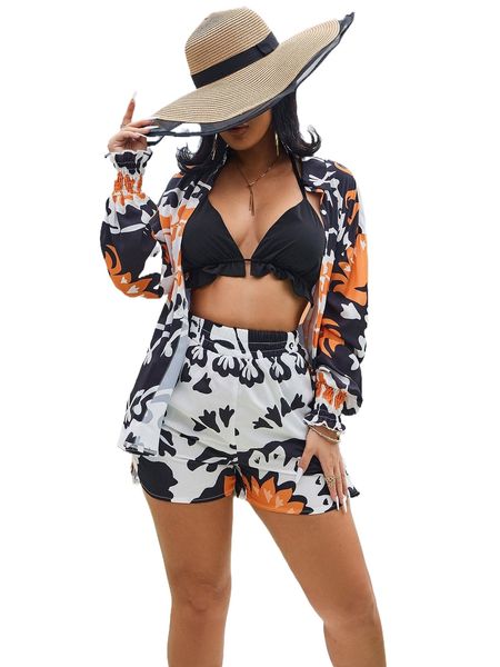 ruffle trim halter & allover print button front shirred blouse & shorts g7b9#, White
ruffle trim halter & allover print button front shirred blouse & shorts g7b9#, White