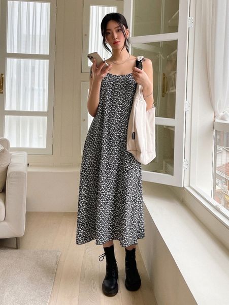 dazy ditsy floral tie shoulder cami dress r027#, Black;gray