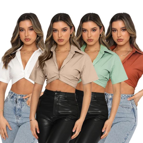 summer sell solid color crop shirts for women short sleeve cardigan lapel bandage casual blouses 211043, White
summer sell solid color crop shirts for women short sleeve cardigan lapel bandage casual blouses 211043, White