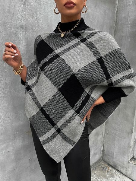 mock neck plaid knit poncho a67g#, White;black 
mock neck plaid knit poncho a67g#, White;black