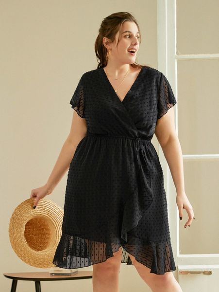 plus swiss dot surplice neck knot waist a-line dress z8v7#, Black