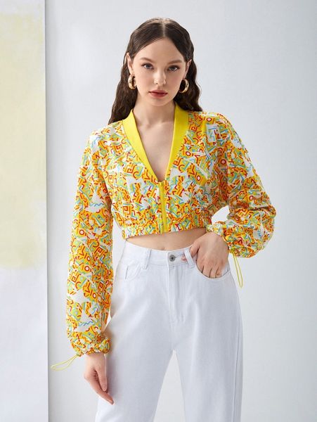 x kovid kapoor allover print drawstring cuff baseball collar crop jacket y6io#, Black;brown
x kovid kapoor allover print drawstring cuff baseball collar crop jacket y6io#, Black;brown