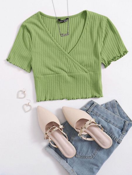 surplice neck rib-knit solid tee l1ju#, White