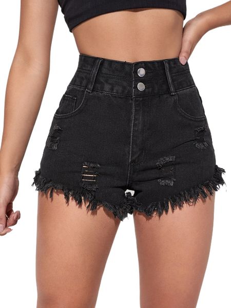solid distressed denim shorts 94ax#, White;black
