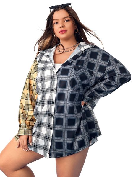 plus plaid print colorblock drop shoulder shirt j252#, Black
plus plaid print colorblock drop shoulder shirt j252#, Black