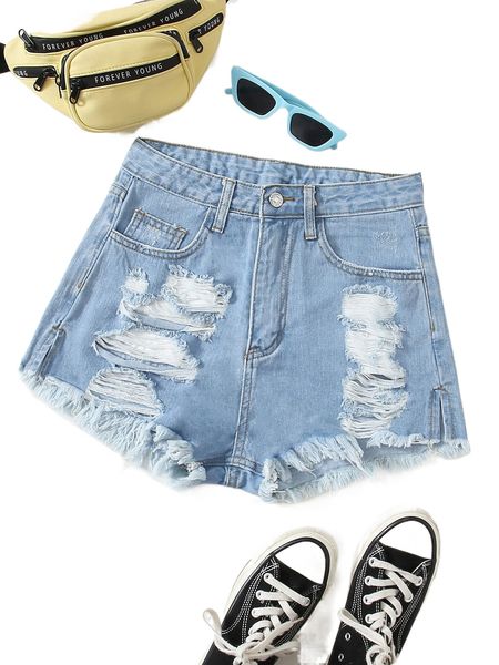 ripped raw hem denim shorts k5aj#, White;black 
ripped raw hem denim shorts k5aj#, White;black