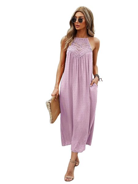 guipure lace insert swiss dot halter dress 14s5#, Black;gray 
guipure lace insert swiss dot halter dress 14s5#, Black;gray