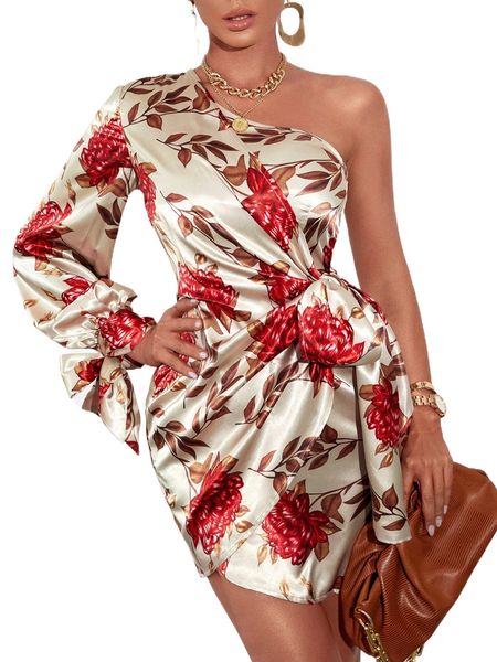 floral print one shoulder knot side satin dress b5dd#, Black;gray
