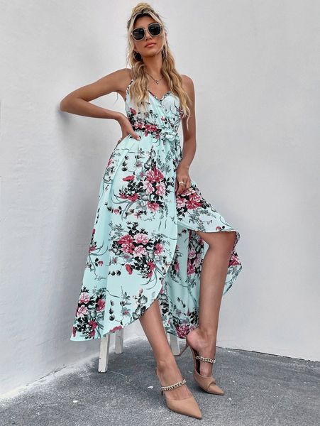 floral print wrap belted cami dress l6cr#, Black;gray