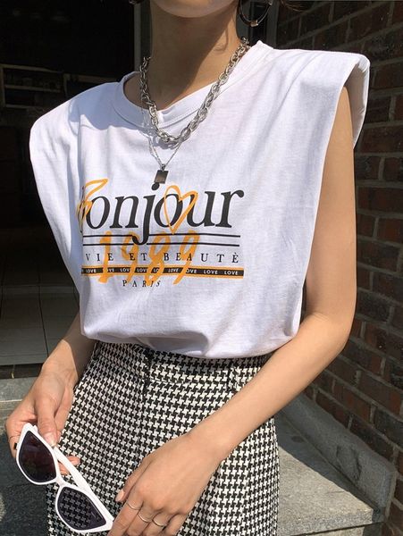 dazy letter print shoulder pad tank d53r#, White 
dazy letter print shoulder pad tank d53r#, White