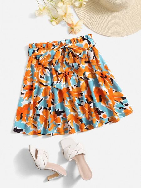 paperbag waist self belted allover floral skirt p1is#, Black 
paperbag waist self belted allover floral skirt p1is#, Black