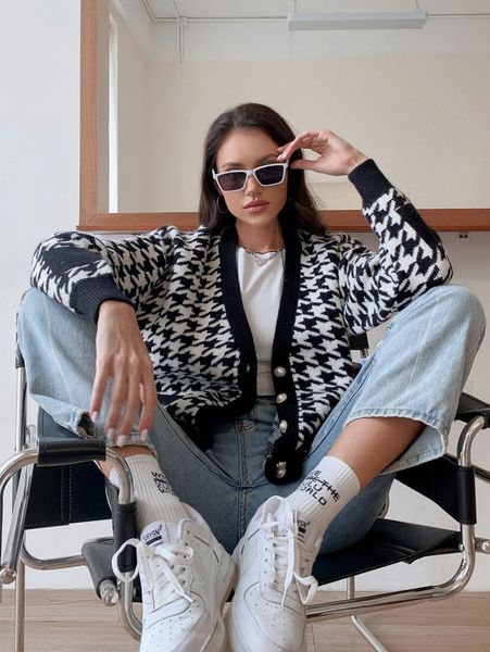 houndstooth pattern drop shoulder cardigan p4sq#, White;black