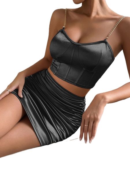 bustier chain detail cami & bodycon skirt i3p9#, White