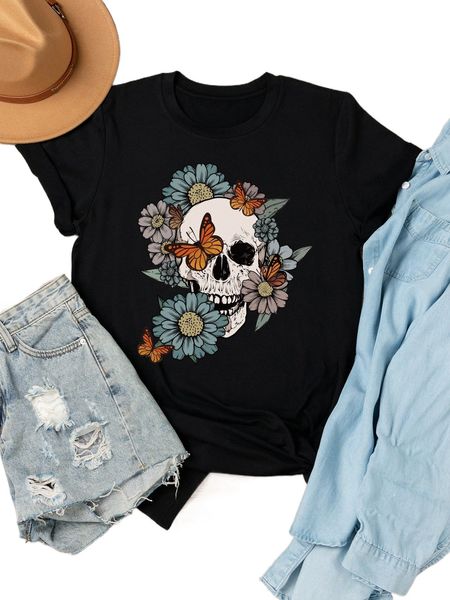 plus floral & butterfly print tee r5jy#, Black