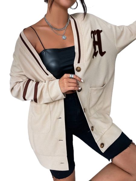 letter patched dual pocket coat u7l8#, Black