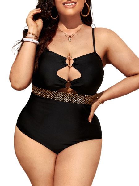 plus ring linked cut out stitch detail one piece swimsuit r4lh#, White;black 
plus ring linked cut out stitch detail one piece swimsuit r4lh#, White;black