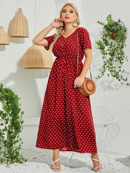 plus polka dot v neck a-line dress e4g0#, Black