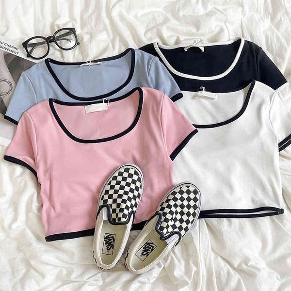 women's t-shirt 2022 soft and comfortable thread cotton large u-neck elastic slim fit short navel exposed small sleeve contrast t-shirt, White
women's t-shirt 2022 soft and comfortable thread cotton large u-neck elastic slim fit short navel exposed small sleeve contrast t-shirt, White