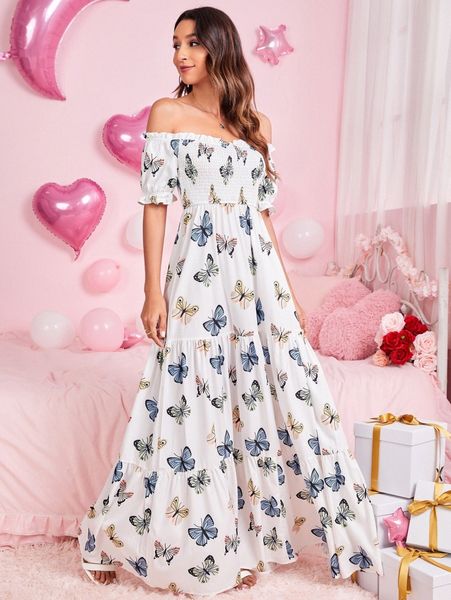 off shoulder frill trim shirred bodice butterfly print dress l9y3#, Black;gray
off shoulder frill trim shirred bodice butterfly print dress l9y3#, Black;gray