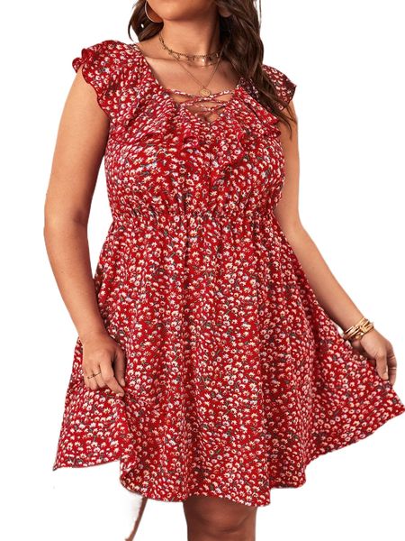 plus ditsy floral criss cross ruffle dress without belt e81o#, Black