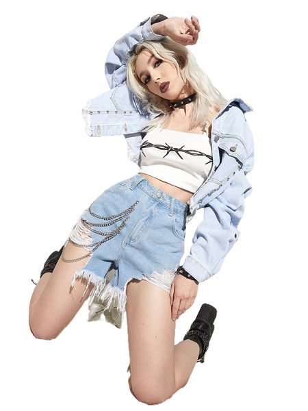 ripped raw hem chain detail denim shorts 47cm#, White;black