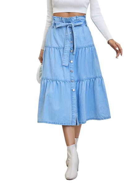 paperbag waist ruffle hem belted denim skirt 85rq#, Black