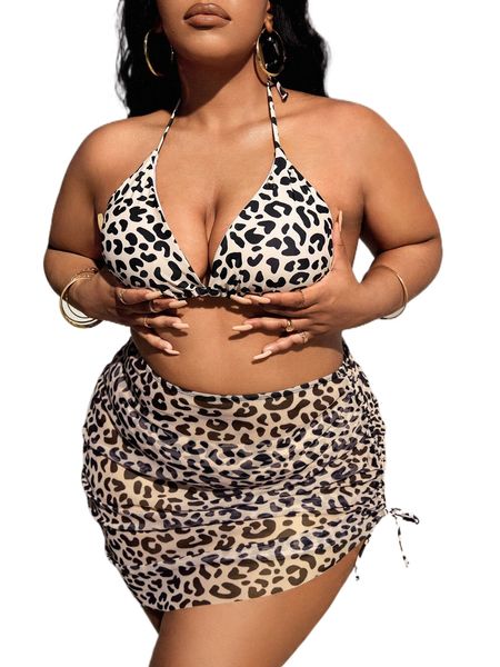 plus leopard drawstring triangle bikini swimsuit with beach skirt l54n#, White;black
plus leopard drawstring triangle bikini swimsuit with beach skirt l54n#, White;black