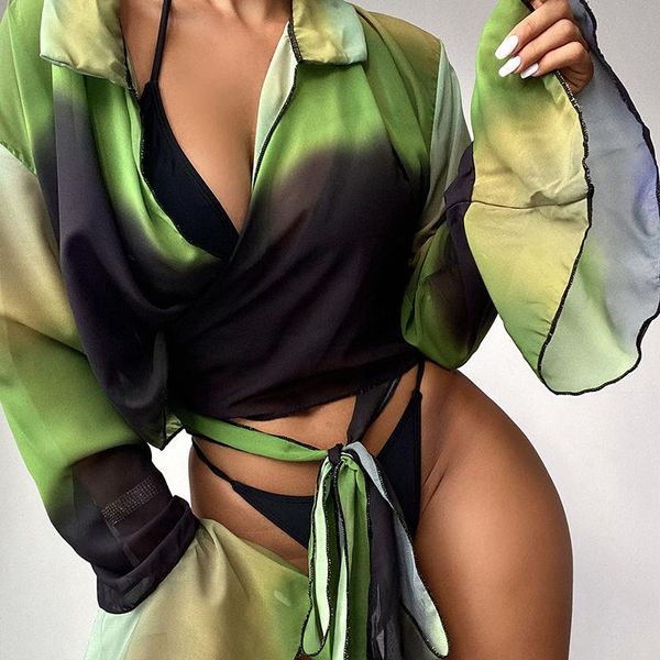 women's swimwear summer long sleeve chiffon women shorts set laple v-neck blouse three piece tie dye print matching setwomen's, White;black
women's swimwear summer long sleeve chiffon women shorts set laple v-neck blouse three piece tie dye print matching setwomen's, White;black