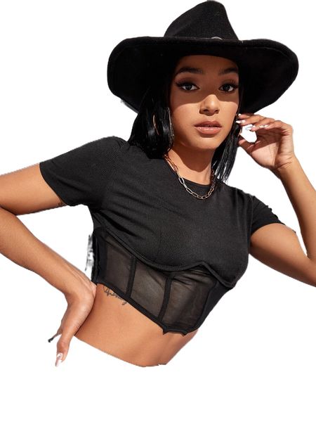 mesh insert asymmetrical hem crop tee a5vm#, White
mesh insert asymmetrical hem crop tee a5vm#, White