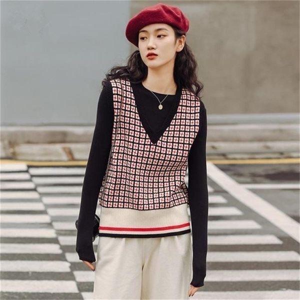 women sleeveless pullover winter korean style vintage geometric plaid v neck soft wool sweater vest knitted waistcoat t516 201225, White;black
women sleeveless pullover winter korean style vintage geometric plaid v neck soft wool sweater vest knitted waistcoat t516 201225, White;black
