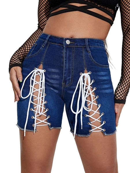lace up front raw hem denim shorts q387#, White;black
lace up front raw hem denim shorts q387#, White;black