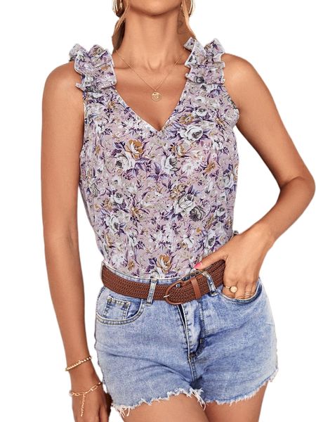 allover floral print ruffle trim blouse c9ei#, White