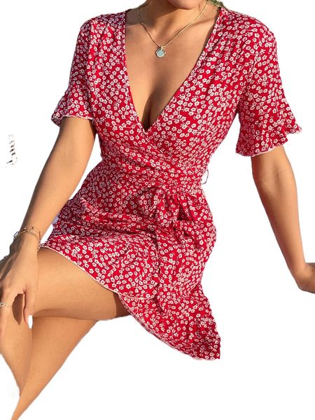 ditsy floral flounce sleeve ruffle trim wrap hem belted dress 85vl#, Black;gray
ditsy floral flounce sleeve ruffle trim wrap hem belted dress 85vl#, Black;gray