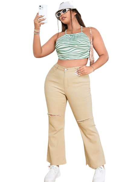 plus high waist ripped flare leg jeans u5ew#, Blue