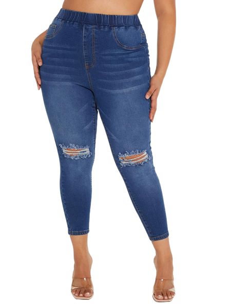 plus elastic waist ripped skinny jeans d5a1#, Blue
