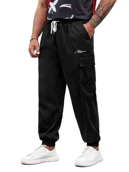 extended sizes men letter graphic flap pocket drawstring cargo pants t803#, Black 
extended sizes men letter graphic flap pocket drawstring cargo pants t803#, Black