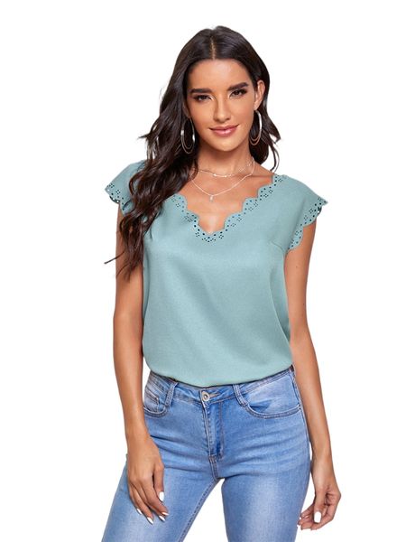 scalloped cutout trim short sleeve i2z3#, White
