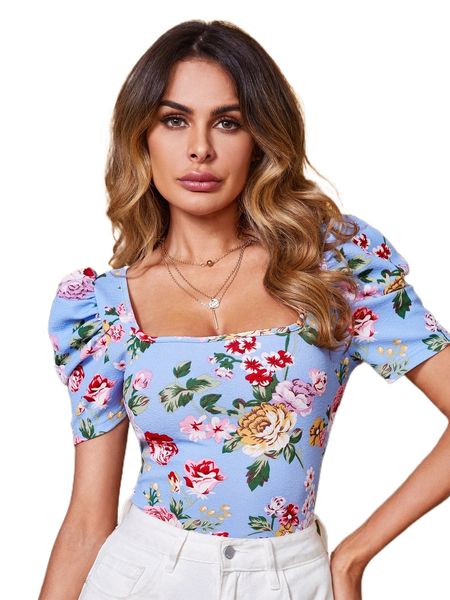square neck floral print puff sleeve tee d7en#, White