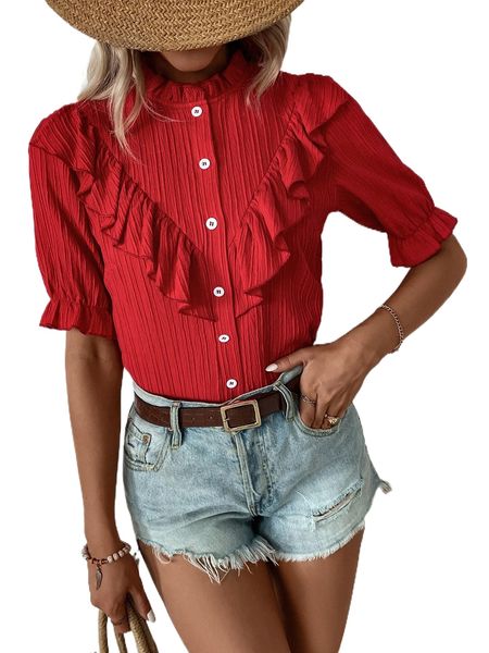 mock neck ruffle trim flounce sleeve blouse 72sy#, White