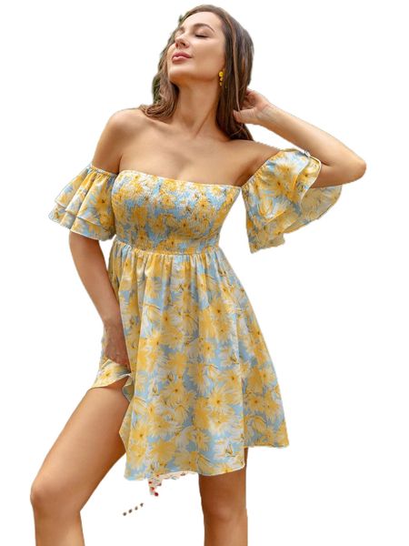 double crazy allover floral print shirred off shoulder flutter sleeve dress i7yq#, Black;gray
double crazy allover floral print shirred off shoulder flutter sleeve dress i7yq#, Black;gray