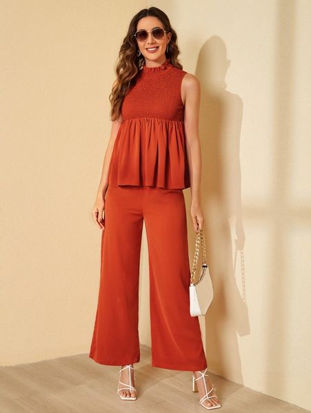 shirred peplum hem tank & wide leg pants w1bs#, White