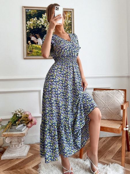 allover floral print shirred waist puff sleeve ruffle hem dress b51t#, Black;gray
allover floral print shirred waist puff sleeve ruffle hem dress b51t#, Black;gray
