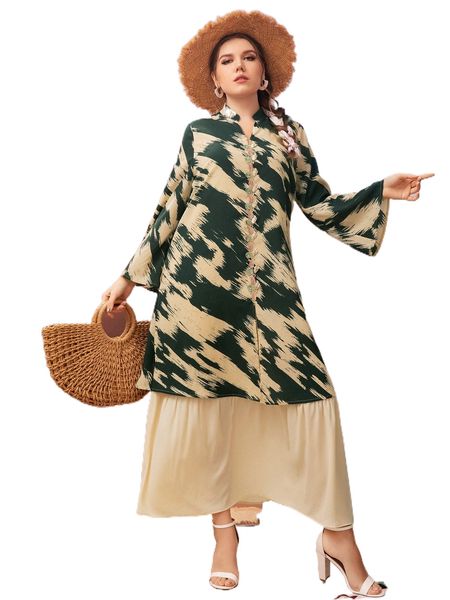 plus brush print applique trumpet sleeve 2 in 1 dress g2qd#, Black